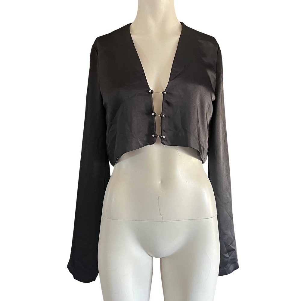 Zara Black Satin Cropped Blouse Metal Bar Closure Long Sleeve 9322/840/800 M